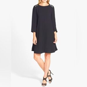 Eileen Fisher Embellished Bateau Neck Silk Crepe Dress Black Size Small